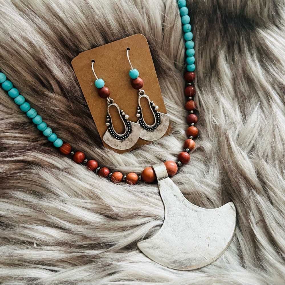 Statement turquoise and silver tone necklace/ earring set